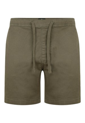 Shorts vert olive en tissu doux, dotés d'une taille élastique avec cordon de serrage ajustable et ourlet cousu.