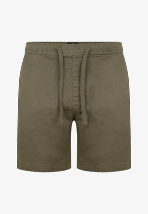 Shorts vert olive en tissu doux, dotés d'une taille élastique avec cordon de serrage ajustable et ourlet cousu.