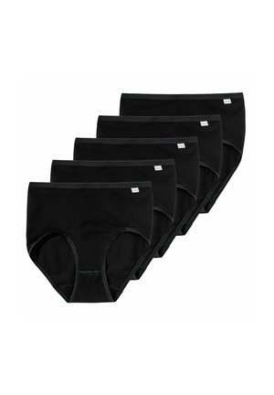 Black cotton briefs set, featuring five pairs. Elastic waistband and leg openings, smooth texture, minimalist design, no patterns or accents.