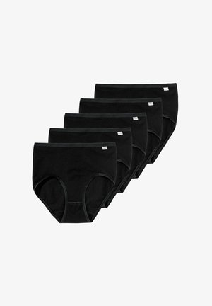 Black cotton briefs set, featuring five pairs. Elastic waistband and leg openings, smooth texture, minimalist design, no patterns or accents.