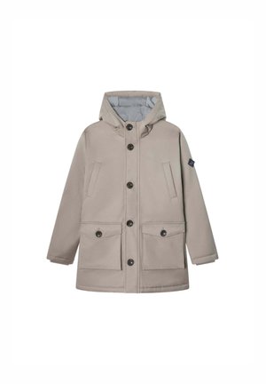Veste imperméable beige avec capuche, fermeture à boutons sur le devant, deux grandes poches avant, poches latérales et une doublure intérieure grise douce.