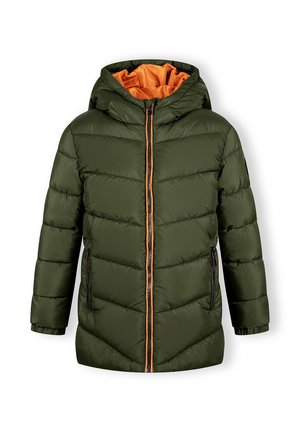 Green puffer jacket with a black zipper, orange inner lining, and a hood. Features stitched sections for insulation and two side pockets.