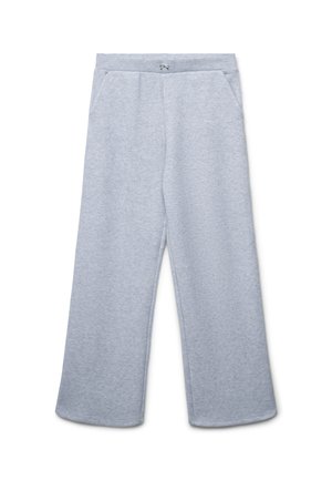 Pantaloni grigi in felpa con design a gamba larga, realizzati in un morbido tessuto testurizzato. Presentano tasche laterali e un piccolo fiocco decorativo in vita.