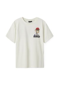 Light cream short-sleeve t-shirt made of cotton, featuring a cartoon monkey graphic with a red cap and the word "BORED" in bold black letters.