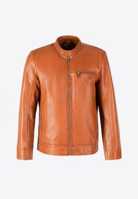 Giacca in pelle tan con colletto alto, chiusura frontale con zip e tasca sul petto con zip. Texture liscia con un design aderente e maniche lunghe.