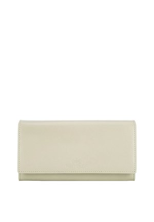Cartera rectangular de cuero beige con tapa plegable y logo sutilmente grabado centrado en el panel frontal.