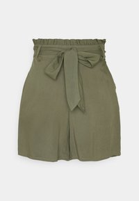Olive green shorts with a ruffled elastic waistband, fabric tie belt, and loose fit. Features side pockets and a smooth texture.