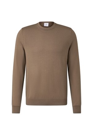 Brązowy długi rękaw z miękkiej tkaniny. Posiada dekolt typu crew, ściągacze na rękawach oraz prosty dół. Minimalistyczny design bez wzorów.