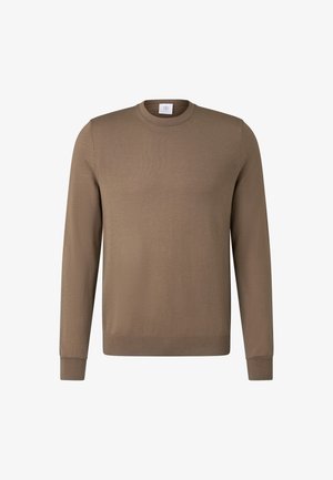 Brauner Langarm-Pullover aus weichem Stoff. Verfügt über einen Rundhalsausschnitt, gerippte Bündchen und einen geraden Saum. Minimalistisches Design ohne Muster.