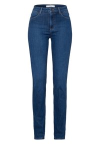 Mörkblå högmidjade jeans med slim fit, tillverkade av denimtyg. Har två framfickor och en klassisk knapplåsning och dragkedja.