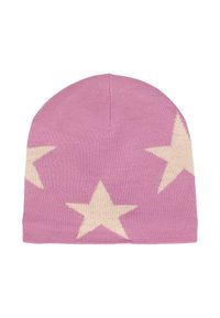 Berretto lavorato a maglia rosa con motivi a stella color crema. Il cappello ha una consistenza morbida e una forma classica e scivolata.