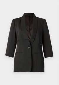 Blazer negro a medida con solapa con muesca, cierre de un solo botón y mangas tres cuartos; cuenta con bolsillos laterales y textura suave.