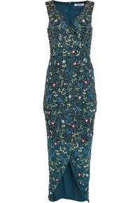 Sleeveless teal dress featuring intricate floral beading, sequins, and a side slit. Fitted design with a V-neckline and detailed embroidery.