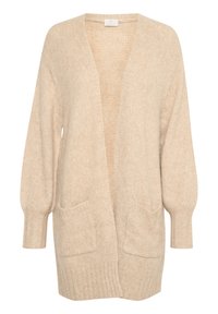 Beige kötött kardigán laza fazonban, nyitott elülső résszel, két elülső zsebbel, bordázott mandzsettákkal és textúrált testtel. Puha anyag, laza stílussal.