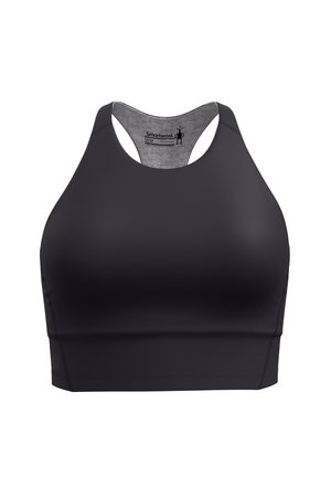 Black sports bra with a racerback design, made of stretch fabric, featuring smooth texture and a short cropped cut. Accented with a logo.
