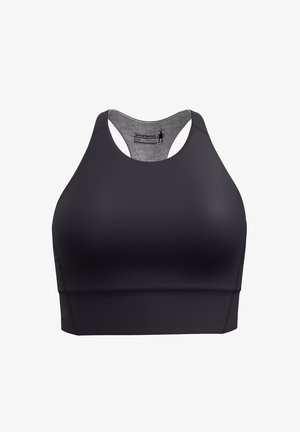 Schwarzer Sport-BH mit Racerback-Design, aus elastischem Gewebe, mit glatter Textur und einem kurzen, cropped Schnitt. Mit einem Logo akzentuiert.