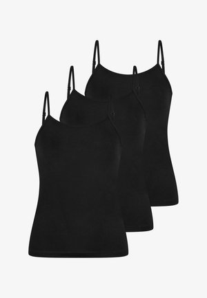 Trois débardeurs noirs, dotés de bretelles spaghetti réglables, d'une coupe ajustée et d'une texture de tissu lisse et extensible.
