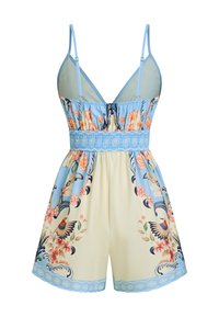 Mono sin mangas con tirantes ajustables, tela azul claro y crema, estampado floral y de aves, cintura elástica y diseño de escote en V.