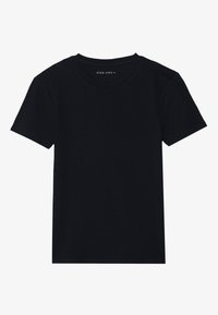 Schwarzes Kurzarm-T-Shirt aus Baumwolle, mit Rundhalsausschnitt und einem einfachen, einfarbigen Design ohne Muster oder Grafiken.
