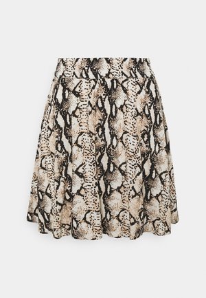 Krótka spódnica z tkaniny w kolorze brązowym i czarnym w wzór węża, z marszczoną talią i lekko rozszerzanym krojem.