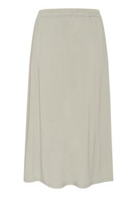 Light gray, knee-length skirt made of soft fabric with an elastic waistband, featuring a smooth, flowing design without embellishments.