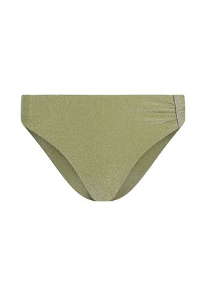 Glänzender Bikini-Slip in olivgrün mit gerafftem Seitendetail und kleinem Metall-Tag an der rechten Hüfte.