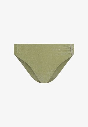 Žvilgantis alyvuogių žalios spalvos bikini apačia su susmulkintu šoniniu detalumu ir mažu metaliniu ženkliuku dešinėje klubo pusėje.