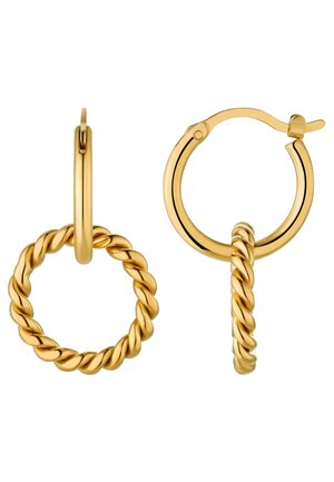 Paar goldene Creolen mit einem glatten Verschluss und einem kleineren, gedrehten Seildesign-Kreis, der innen in jedem Creole hängt.