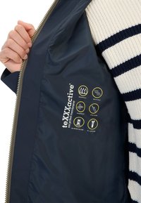 Navy jack-interieur met daarop het teXXXactive logo, waterdichte en ademende iconen, met een zachte textuur en ritsdetails.