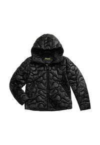 Giacca nera imbottita con cappuccio, caratterizzata da una texture trapuntata, chiusura con zip e tasche laterali. Realizzata in materiale lucido e leggero.