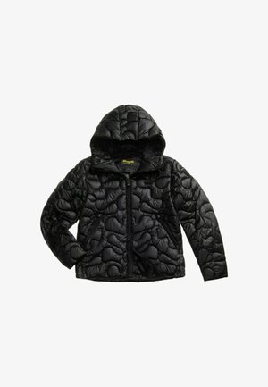 Giacca nera imbottita con cappuccio, caratterizzata da una texture trapuntata, chiusura con zip e tasche laterali. Realizzata in materiale lucido e leggero.