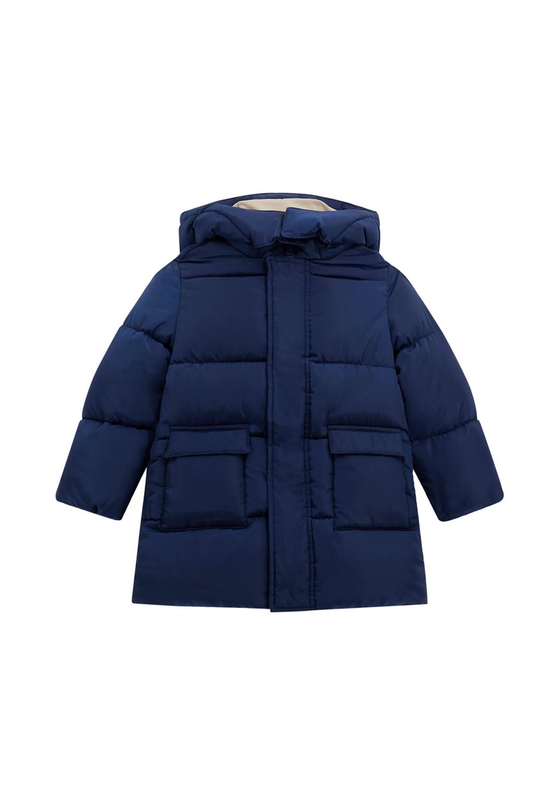 Cappotto imbottito blu navy con cappuccio, dotato di zip frontale, due ampie tasche anteriori e una texture liscia. Il design è semplice e funzionale.