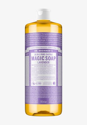 Dr. Bronners 945-ml Lavendel 18-in-1 reine Castile-Flüssigseife in einer klaren Flasche mit lila Etikett und weißem Deckel.