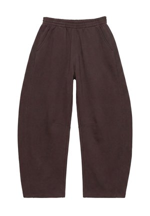 Pantalon marron ample avec taille élastique et poches latérales, conçu pour un usage décontracté.