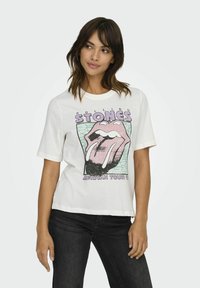 Hvid bomuld t-shirt med grafisk print, der viser en pink tunge og teksten "ROLLING STONES"; kortærmet og afslappet pasform.