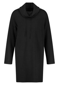Pull noir en cocon avec un col cheminée, des manches longues et un cordon de serrage. Tissu doux et texturé avec une coupe décontractée.