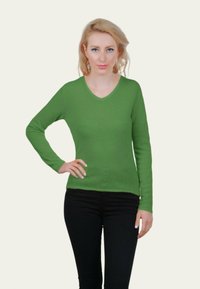 Pull vert à manches longues en V, avec un design ajusté, une texture lisse et des détails côtelés aux poignets, associé à un pantalon noir.