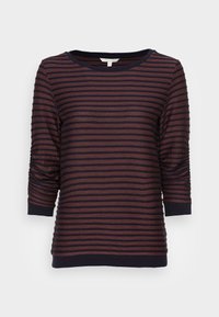 Top a maniche lunghe a righe con strisce orizzontali blu navy e bordeaux, texture a costine, scollatura rotonda e maniche con polsini.