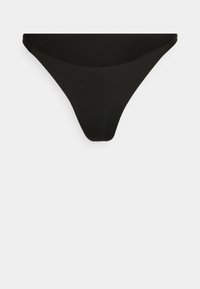 Black bikini bottom with a smooth, stretchy material. Features a low-rise design and minimal coverage, with a seamless finish.