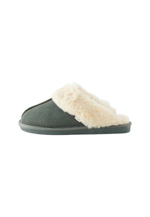 Gray corduroy slippers with a fluffy cream-colored faux fur cuff, flat rubber sole, and stitched detailing on the upper.