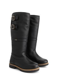 Hoge zwarte leren laarzen met twee zijkluitingen, gestructureerde afwerking en bruin gestikte zolen met lage getextureerde hakken.