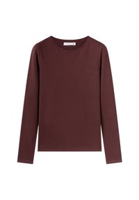 Burgundowa longsleeve w kolorze burgundowym, wykonana z miękkiej bawełny, z okrągłym dekoltem i luźnym krojem, z minimalnym szwem i bez grafik.