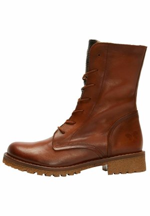 Brown leather ankle boot with a smooth finish, round toe, lace-up front, and textured cuff. Features a rugged outsole for traction.