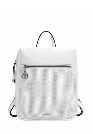 Biały plecak wykonany z teksturowanego materiału, z perforowanym przednim panelem, srebrnym zamkiem błyskawicznym i małym, okrągłym logo. Czarne paski.