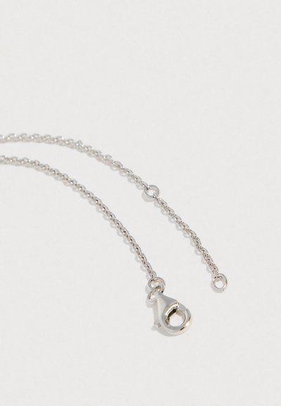 Colar de corrente de prata com fecho de lagosta, aberto sobre um fundo claro e simples.