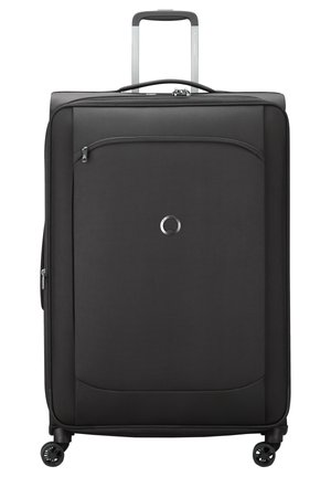 Black suitcase with textured surface, double zippers, front pocket, telescopic handle, and four spinner wheels for easy mobility.