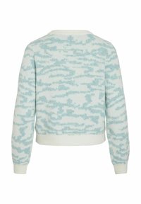 Maglione corto azzurro chiaro e bianco con una texture morbida, caratterizzato da un motivo a forma di nuvola e da polsini e orlo a coste. Scollo rotondo.