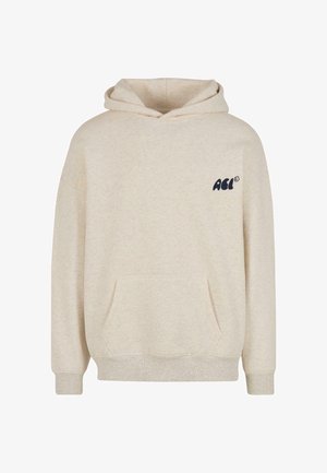 Beige mikina z měkké tkaniny, má přední klokaní kapsu, žebrované manžety a malé tmavé logo na levé hrudi.