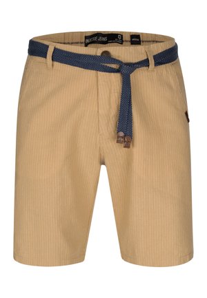 Shorts a rayas beige con un cinturón trenzado azul marino, con cierre de botón y bolsillos laterales. La tela tiene una textura suave.
