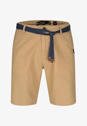 Beige stripete shorts med et vevet marineblå belte, med knappestolpe og sidelommer. Stoffet har en glatt tekstur.